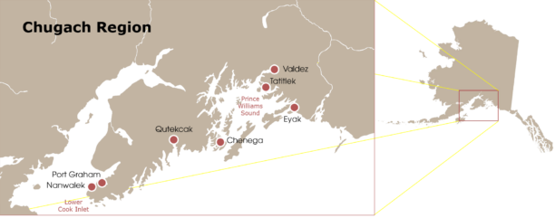 Map of the Chugach region in Southcentral Alaska, showing the locations of the communities served by Chugachmiut: Port Graham, Nanwalek, Qutekcak, Chenega, Tatitlek, Valdez, and Eyak. An inset map of the State of Alaska highlights the Chugach region’s location within the state.
